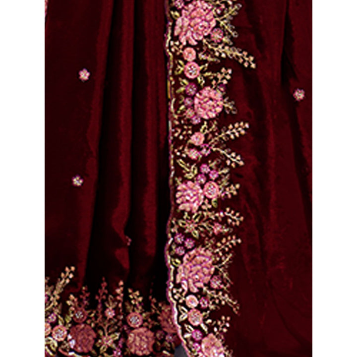 Odette Maroon Organza Embroidered Saree with Unstitched Blouse