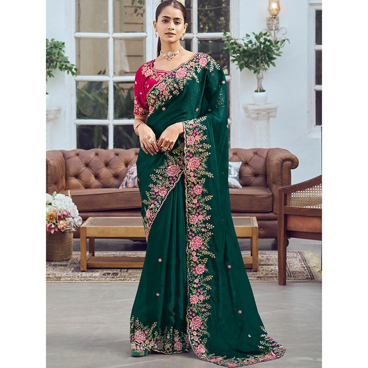 Odette Green Organza Embroidered Saree with Unstitched Blouse