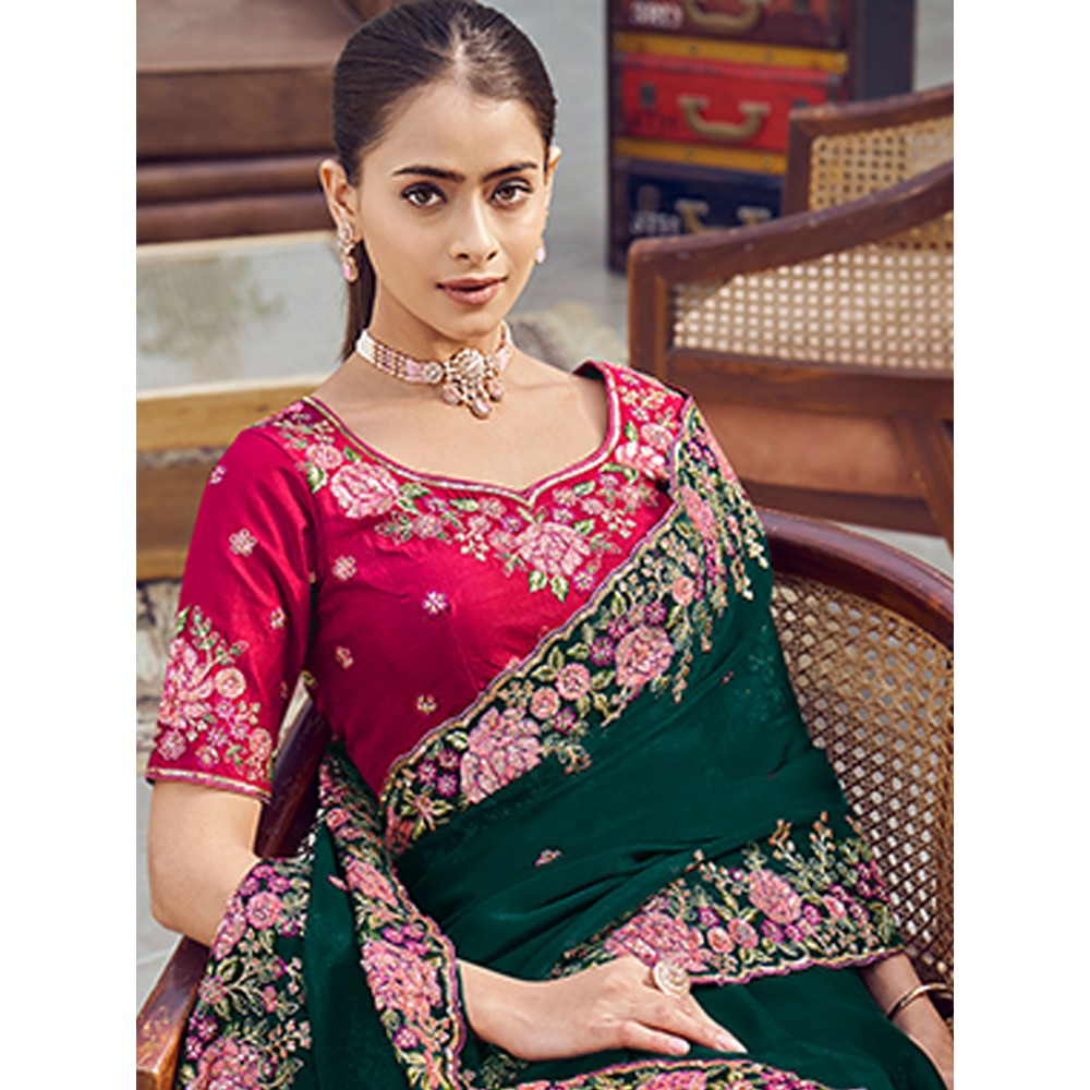 Odette Green Organza Embroidered Saree with Unstitched Blouse