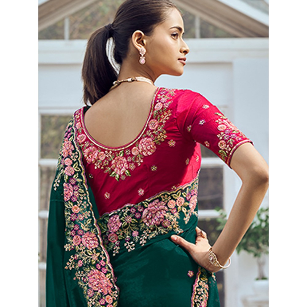 Odette Green Organza Embroidered Saree with Unstitched Blouse