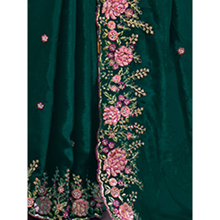 Odette Green Organza Embroidered Saree with Unstitched Blouse