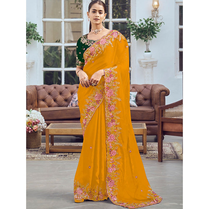 Odette Yellow Organza Embroidered Saree with Unstitched Blouse