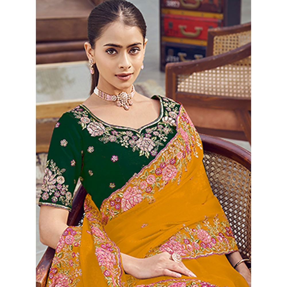 Odette Yellow Organza Embroidered Saree with Unstitched Blouse