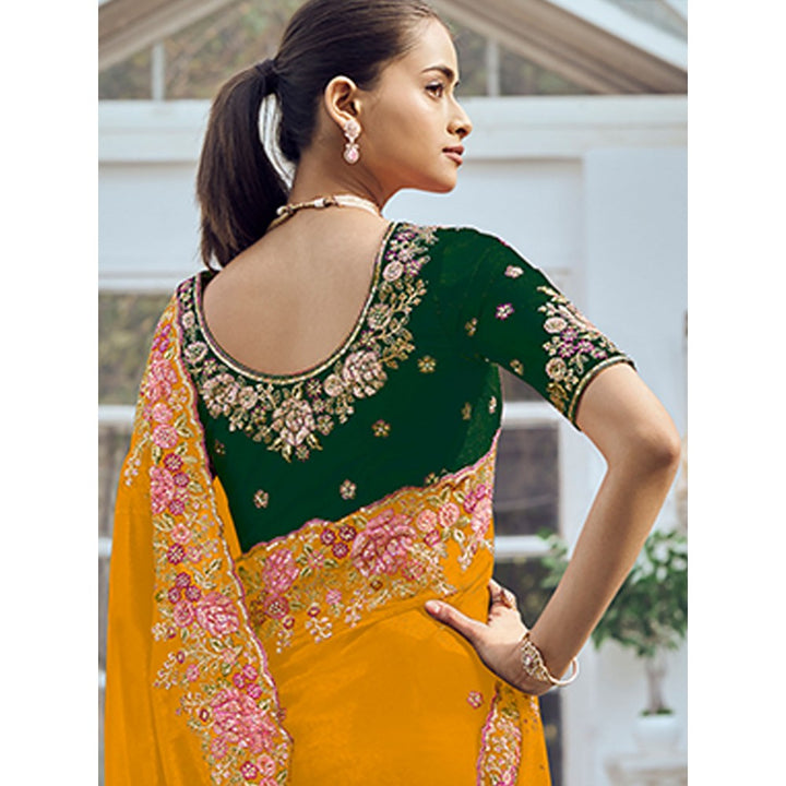 Odette Yellow Organza Embroidered Saree with Unstitched Blouse