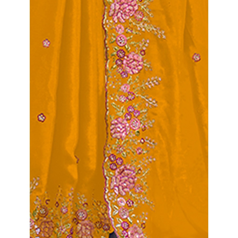 Odette Yellow Organza Embroidered Saree with Unstitched Blouse