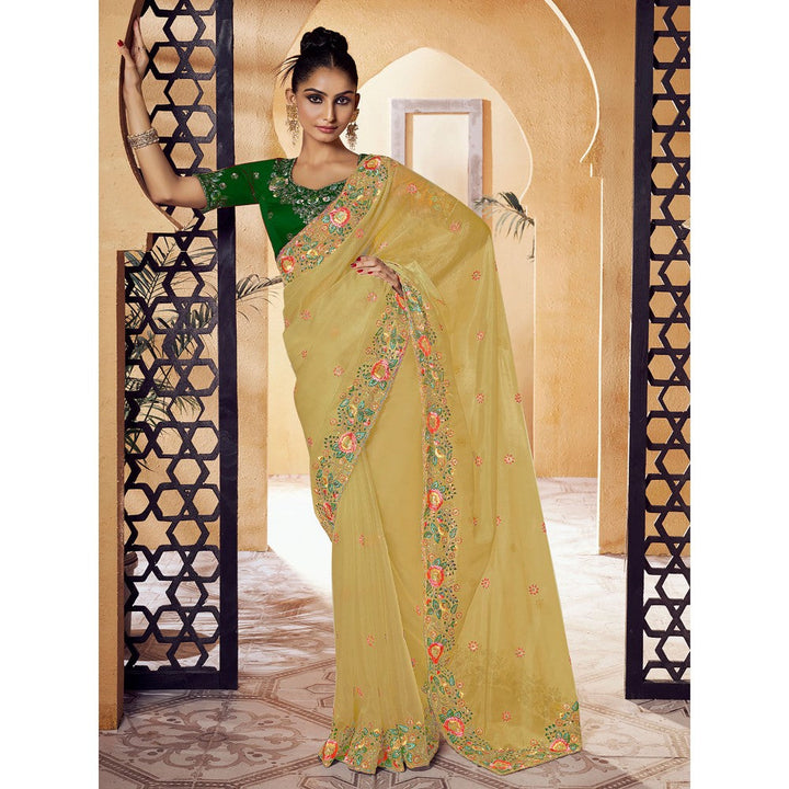 Odette Yellow Organza Embroidered Saree with Unstitched Blouse