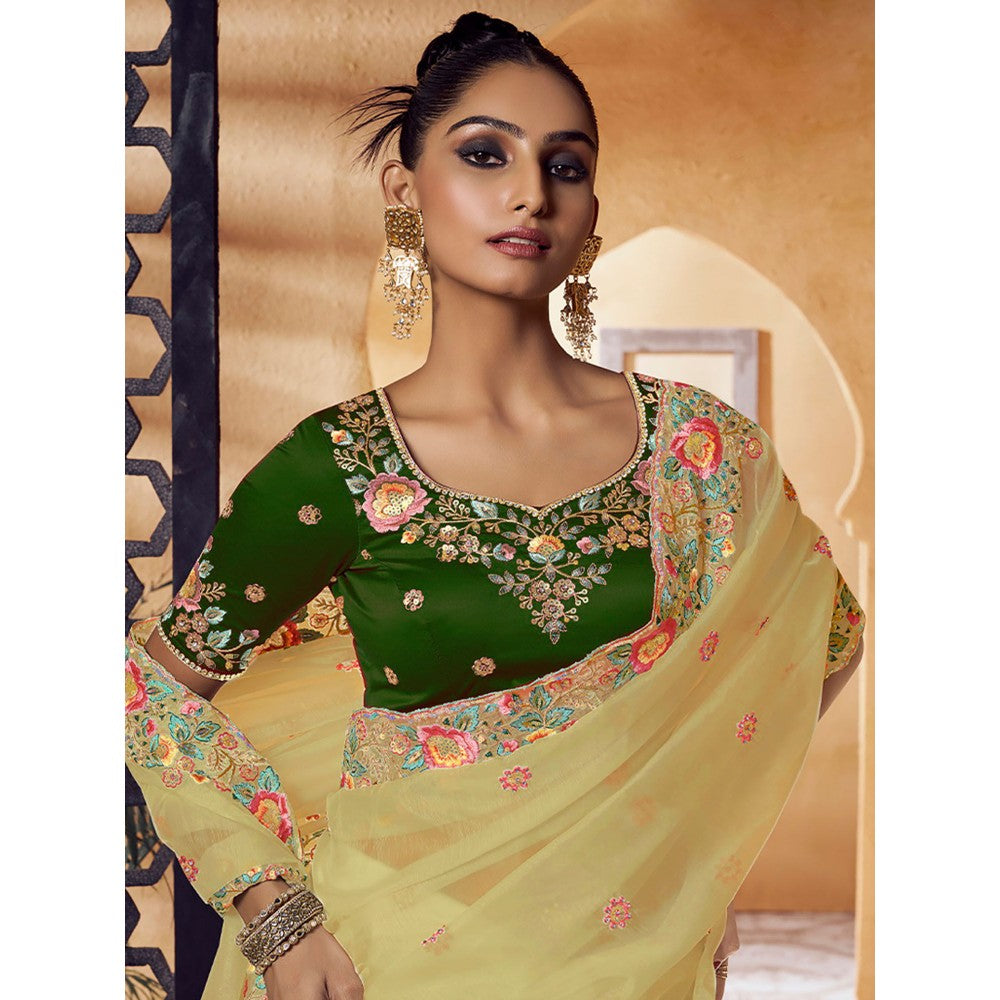 Odette Yellow Organza Embroidered Saree with Unstitched Blouse