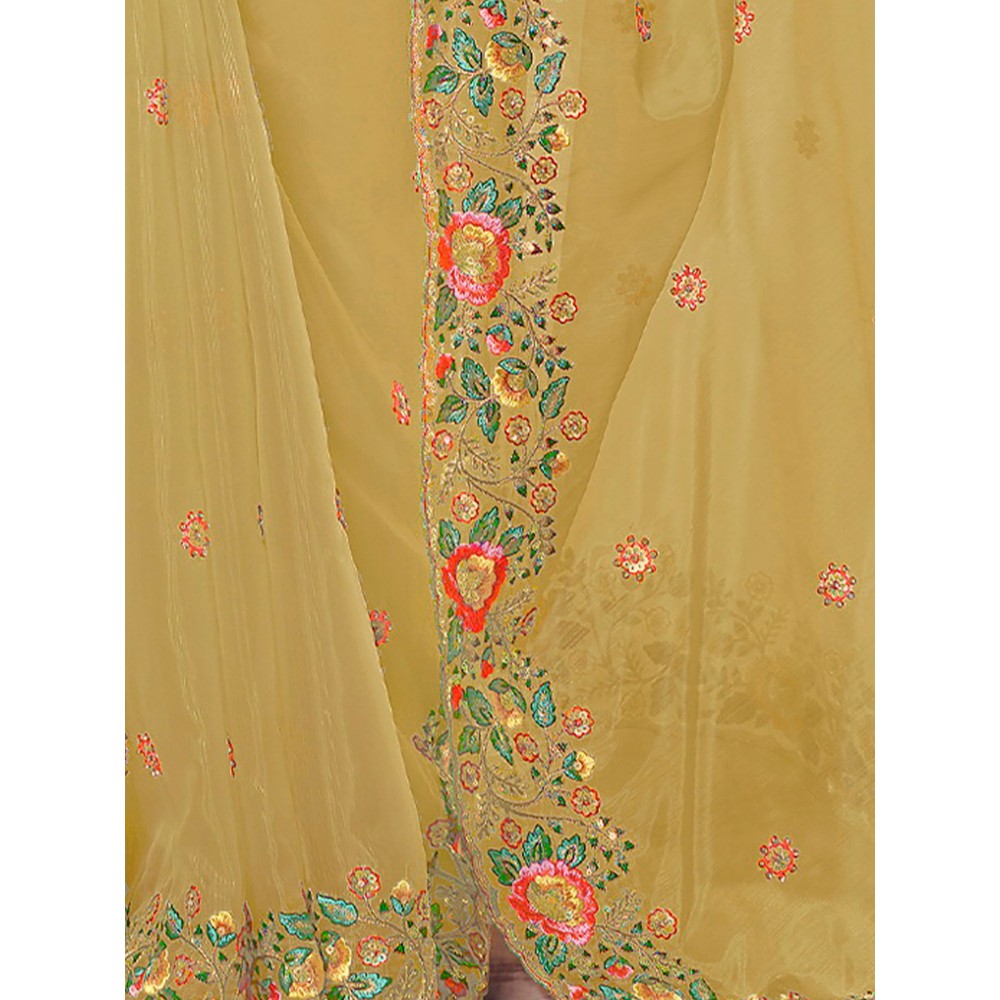 Odette Yellow Organza Embroidered Saree with Unstitched Blouse