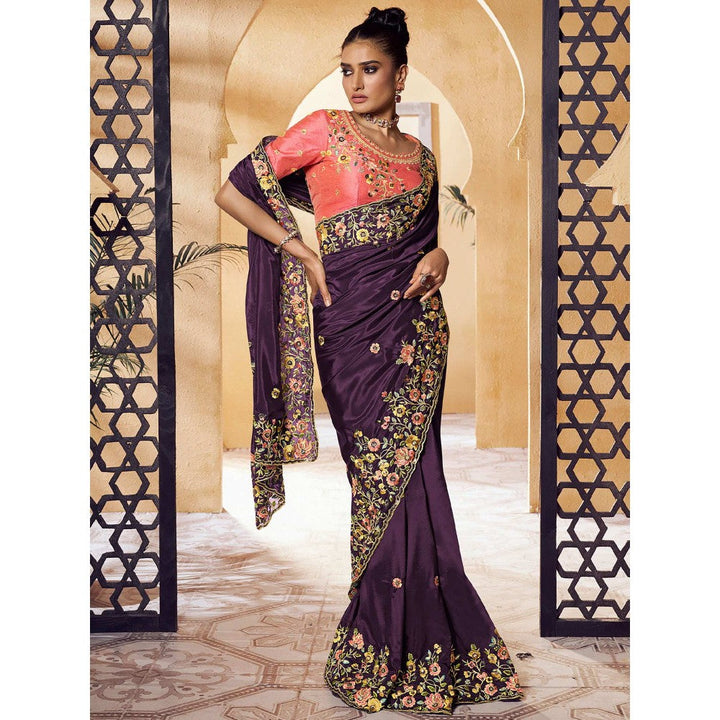 Odette Purple Crepe Embroidered Saree with Unstitched Blouse