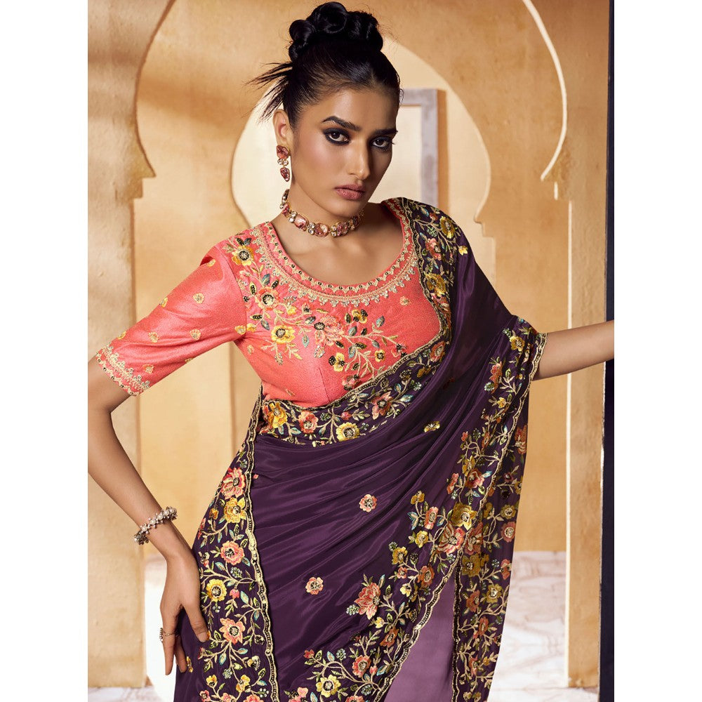 Odette Purple Crepe Embroidered Saree with Unstitched Blouse