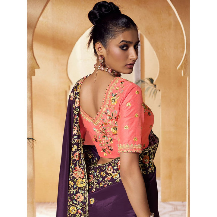 Odette Purple Crepe Embroidered Saree with Unstitched Blouse