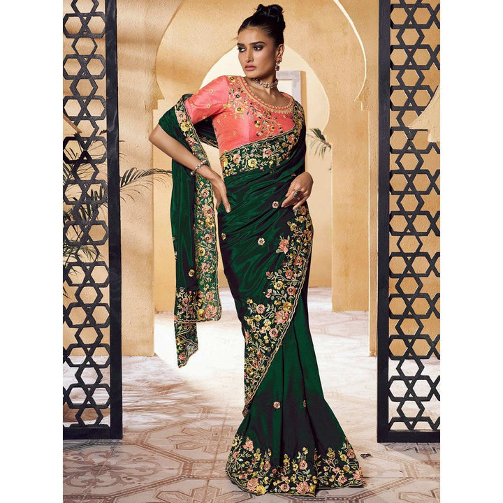 Odette Green Crepe Embroidered Saree with Unstitched Blouse