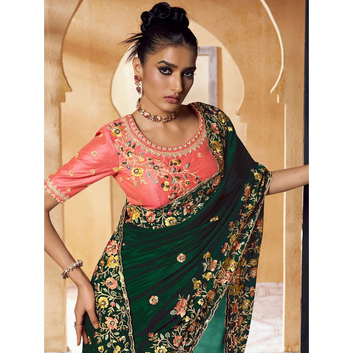 Odette Green Crepe Embroidered Saree with Unstitched Blouse