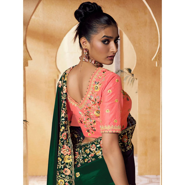 Odette Green Crepe Embroidered Saree with Unstitched Blouse