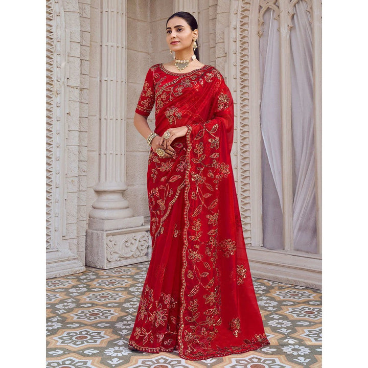 Odette Red Net Embroidered Saree with Unstitched Blouse