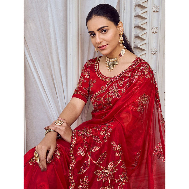 Odette Red Net Embroidered Saree with Unstitched Blouse