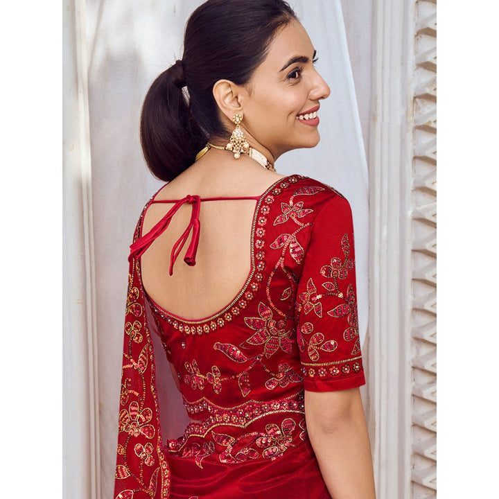 Odette Red Net Embroidered Saree with Unstitched Blouse