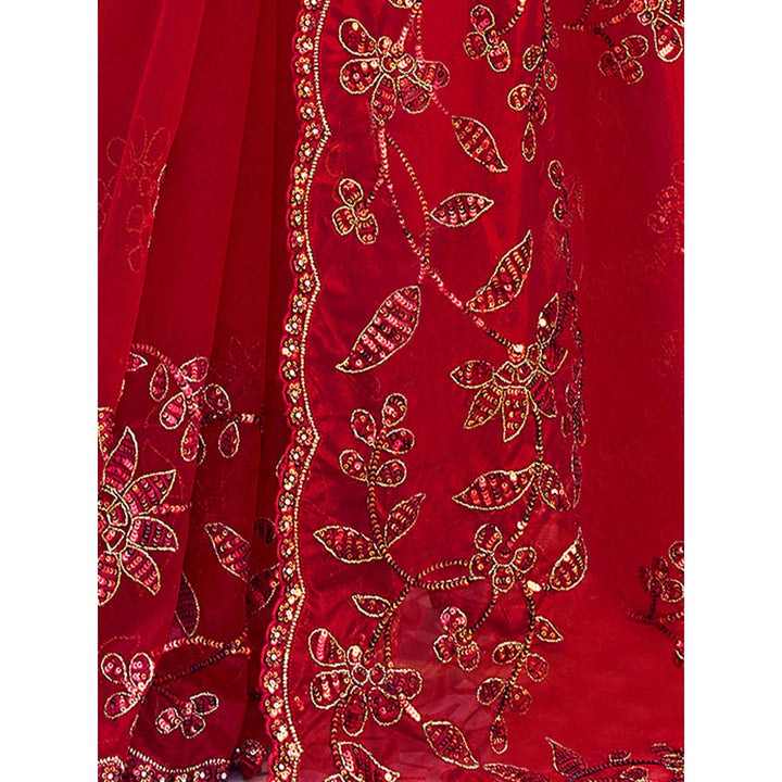 Odette Red Net Embroidered Saree with Unstitched Blouse