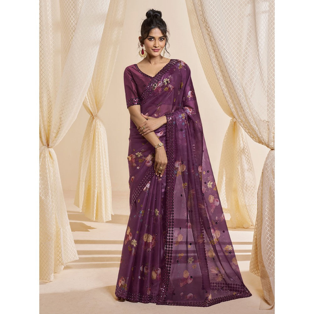 Odette Wine Satin Printed Saree with Unstitched Blouse