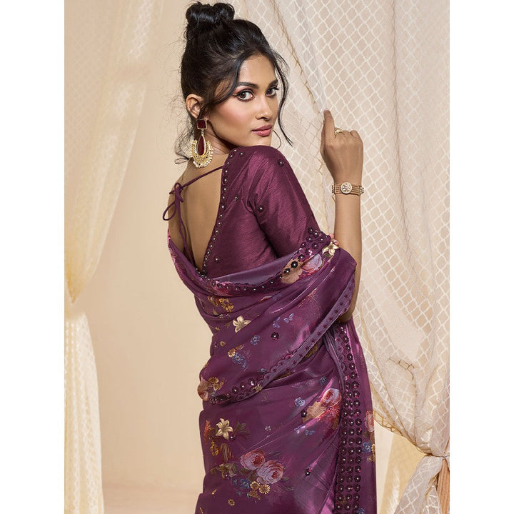 Odette Wine Satin Printed Saree with Unstitched Blouse