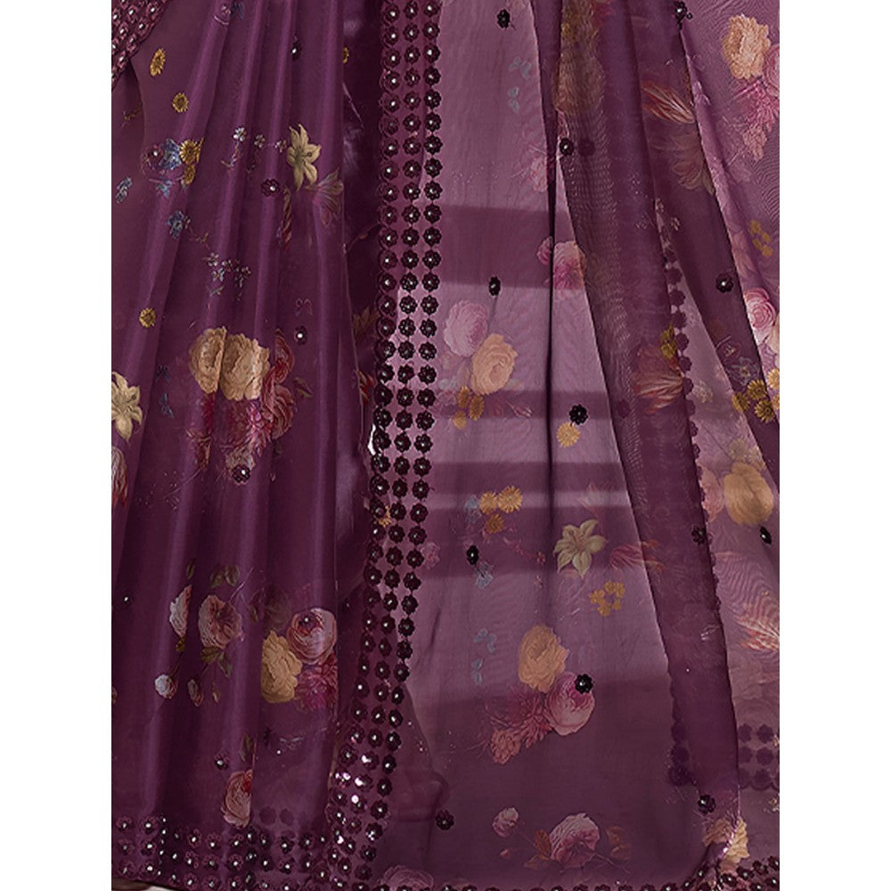 Odette Wine Satin Printed Saree with Unstitched Blouse