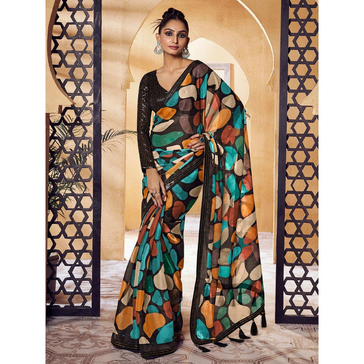 Odette Black Satin Printed Saree with Unstitched Blouse