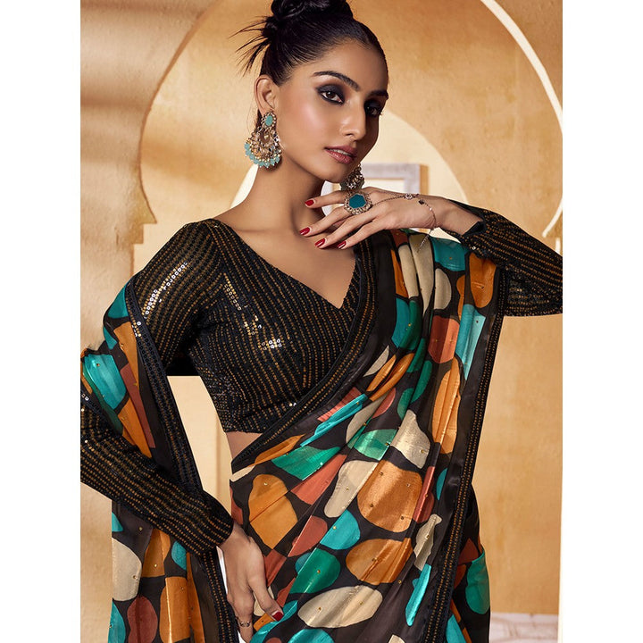 Odette Black Satin Printed Saree with Unstitched Blouse