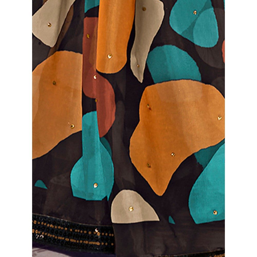 Odette Black Satin Printed Saree with Unstitched Blouse