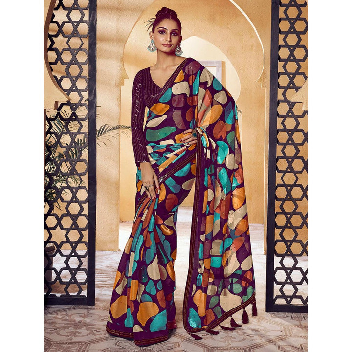 Odette Wine Satin Printed Saree with Unstitched Blouse