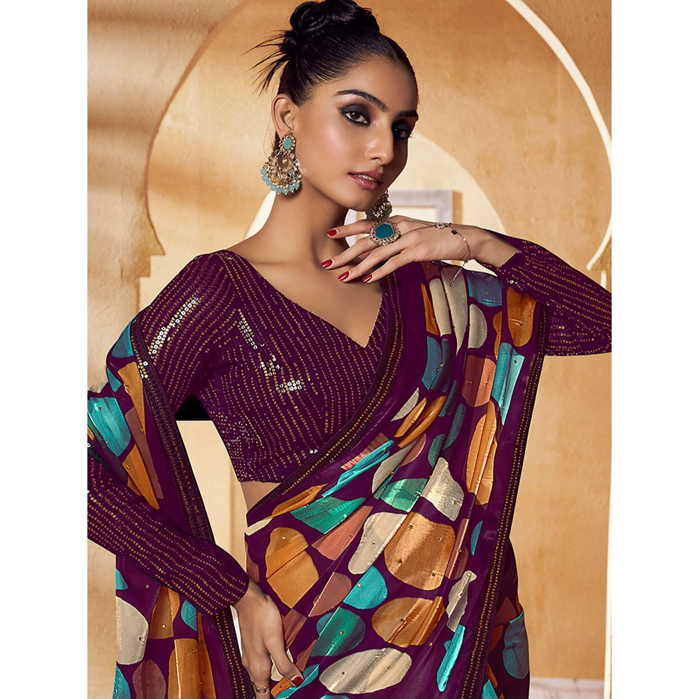 Odette Wine Satin Printed Saree with Unstitched Blouse