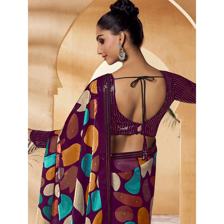 Odette Wine Satin Printed Saree with Unstitched Blouse