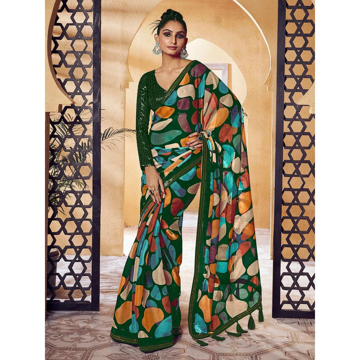 Odette Green Satin Printed Saree with Unstitched Blouse