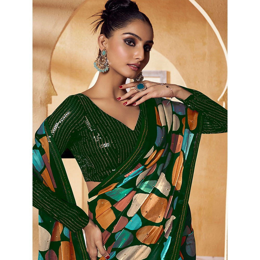 Odette Green Satin Printed Saree with Unstitched Blouse