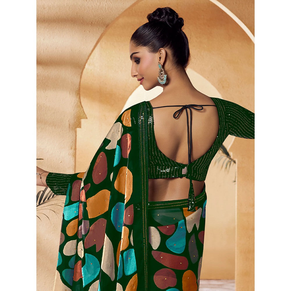 Odette Green Satin Printed Saree with Unstitched Blouse