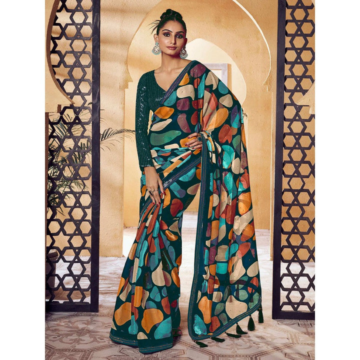 Odette Teal Satin Printed Saree with Unstitched Blouse