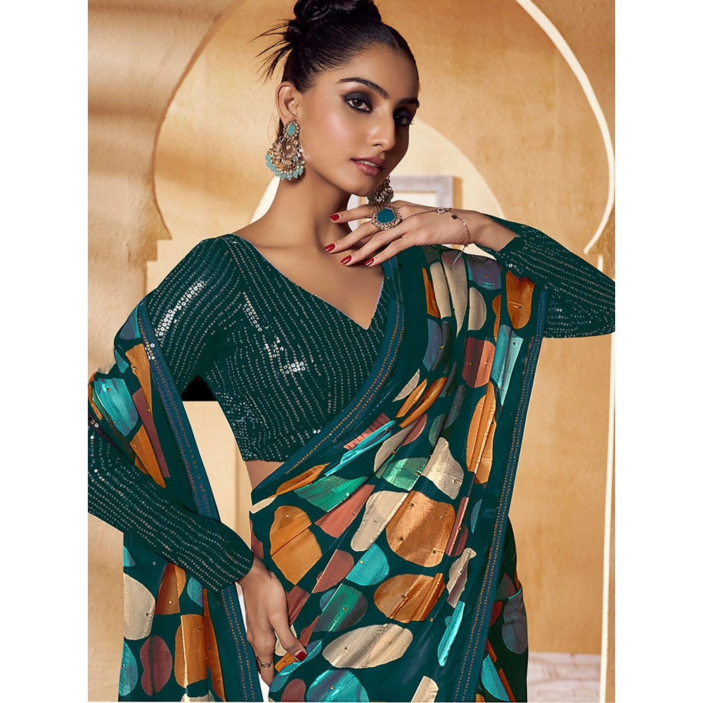 Odette Teal Satin Printed Saree with Unstitched Blouse