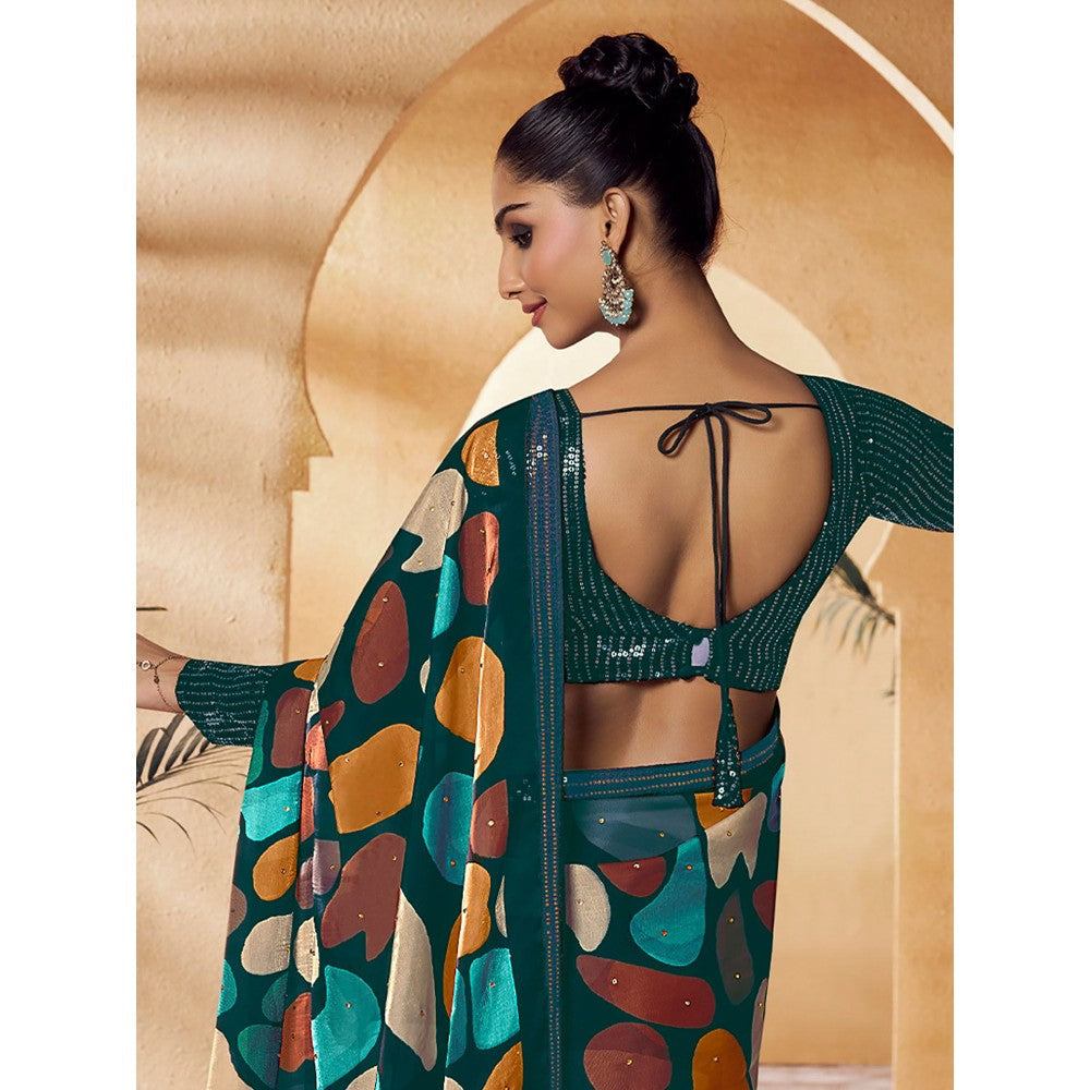 Odette Teal Satin Printed Saree with Unstitched Blouse