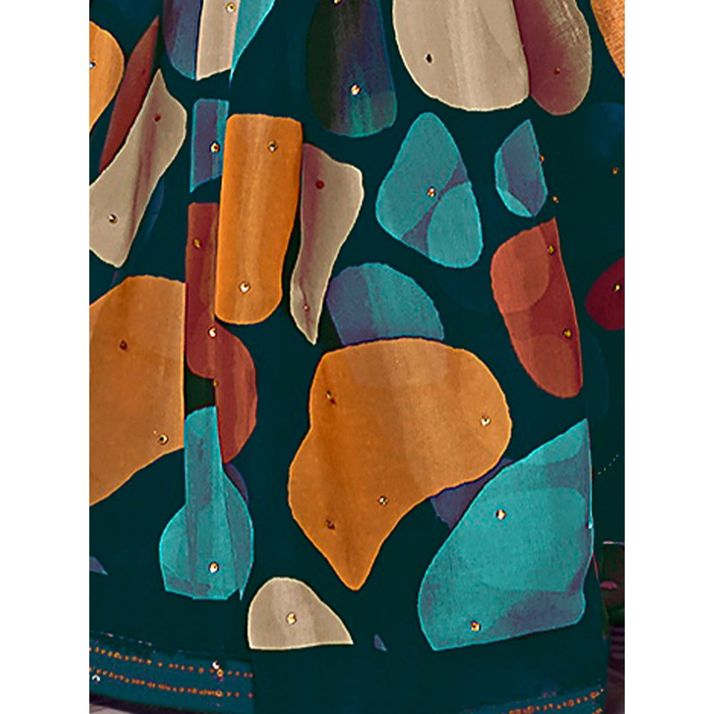 Odette Teal Satin Printed Saree with Unstitched Blouse