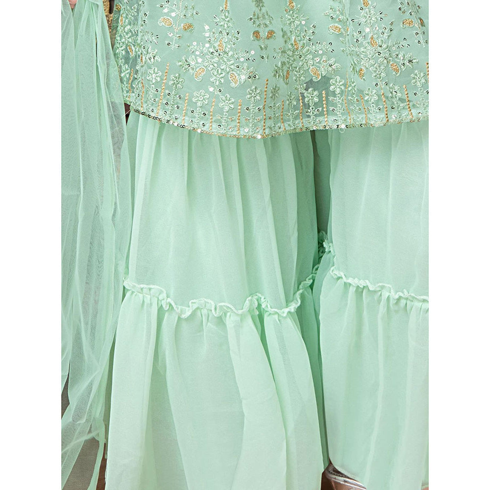 Odette Light Green Finest Soft Net Sharara Kurta & Dupatta for Girls (Set of 3)