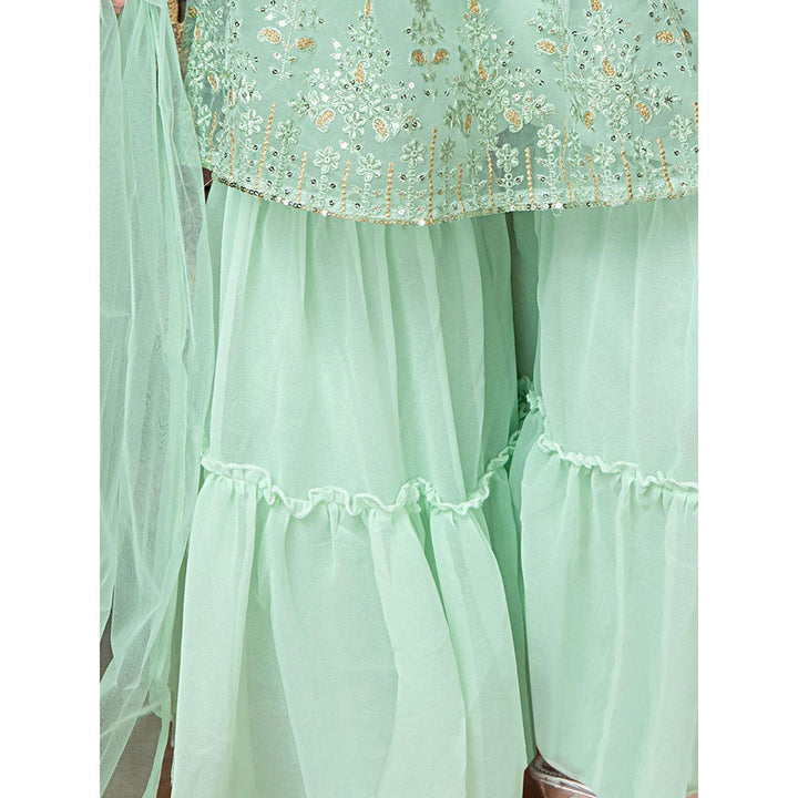 Odette Light Green Finest Soft Net Sharara Kurta & Dupatta for Girls (Set of 3)