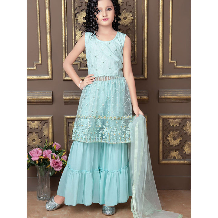 Odette Light Blue Finest Soft Net Sharara Kurta & Dupatta for Girls (Set of 3)