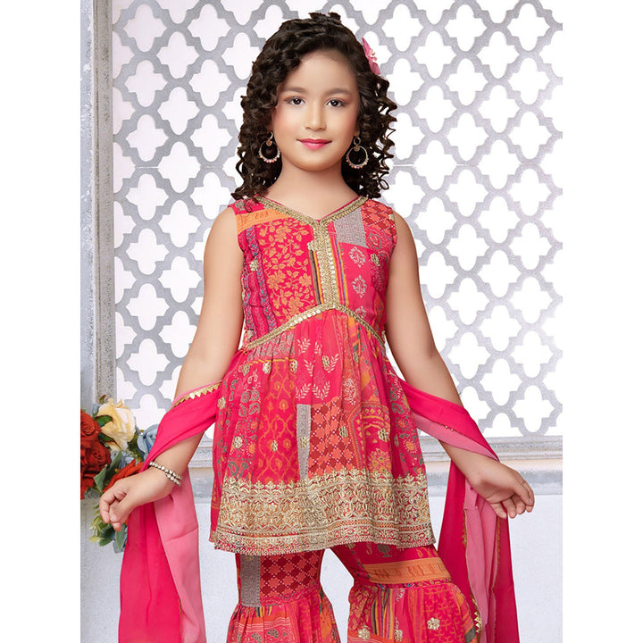 Odette Pink Faux Georgette Printed Sharara Kurta & Dupatta for Girls (Set of 3)