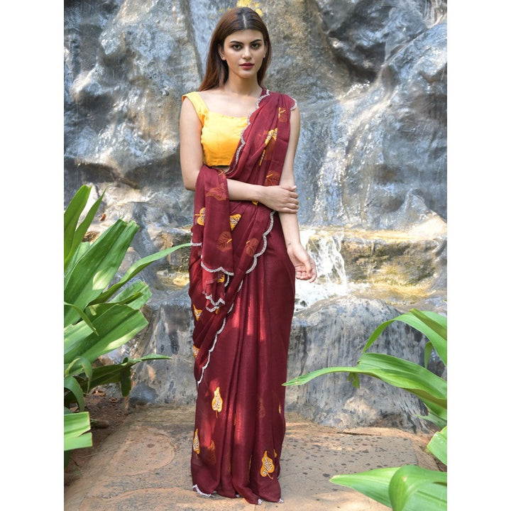 Odette Maroon Embroidered Chiffon Silk Saree with Unstitched Blouse for Women