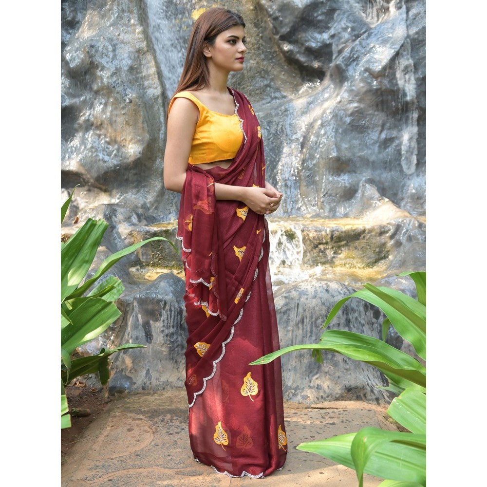 Odette Maroon Embroidered Chiffon Silk Saree with Unstitched Blouse for Women