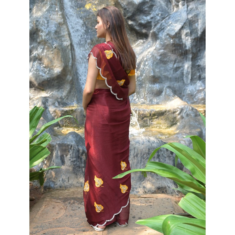 Odette Maroon Embroidered Chiffon Silk Saree with Unstitched Blouse for Women