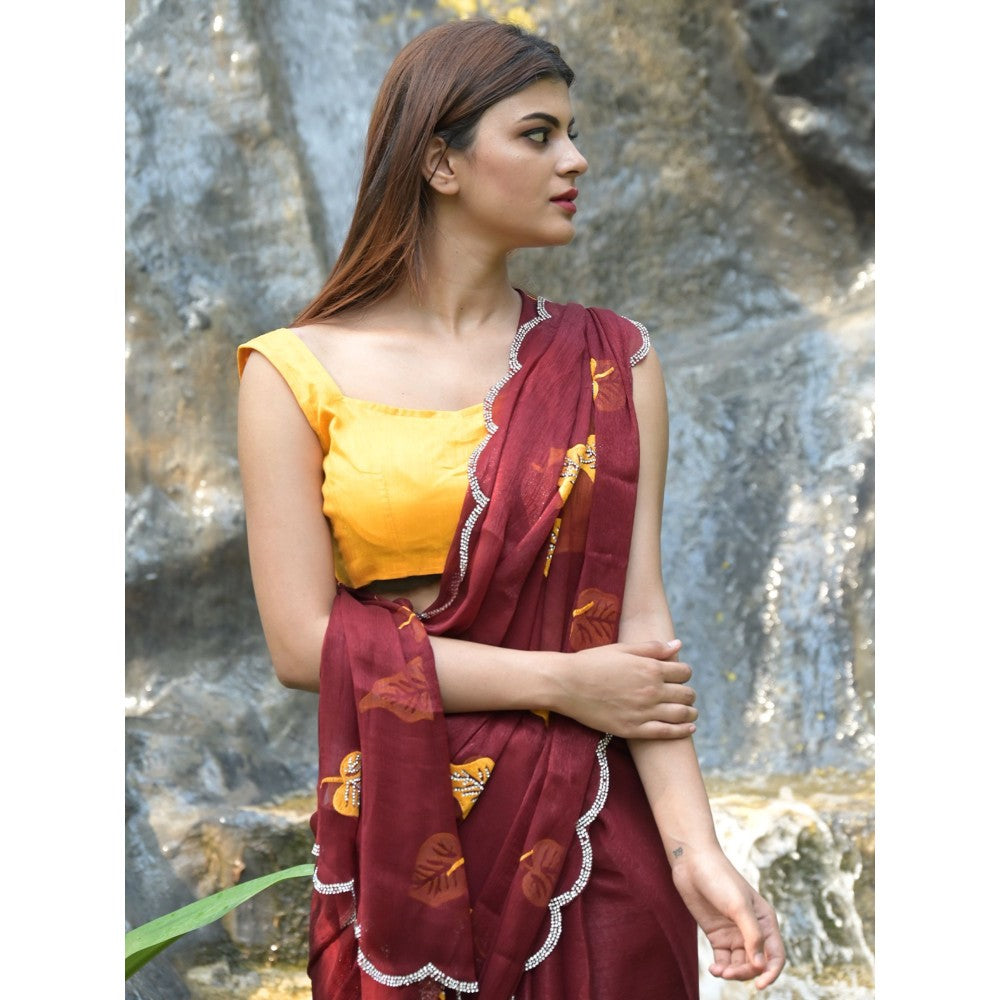 Odette Maroon Embroidered Chiffon Silk Saree with Unstitched Blouse for Women