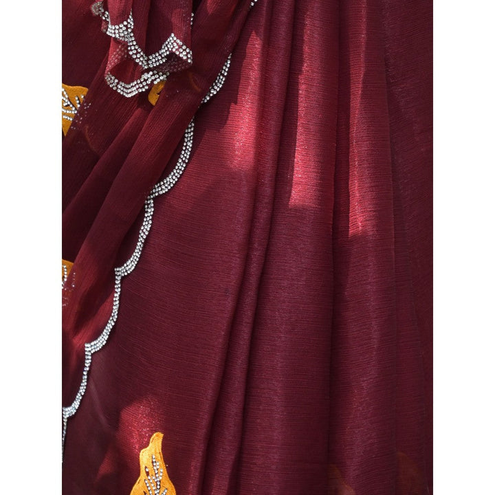 Odette Maroon Embroidered Chiffon Silk Saree with Unstitched Blouse for Women