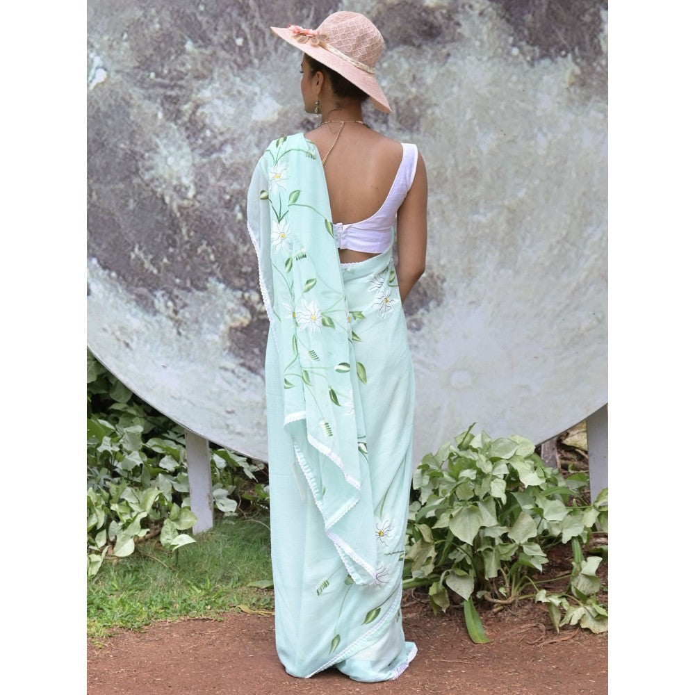 Odette Odett Sea Green Printed Chiffon Saree with Unstitched Blouse for Women