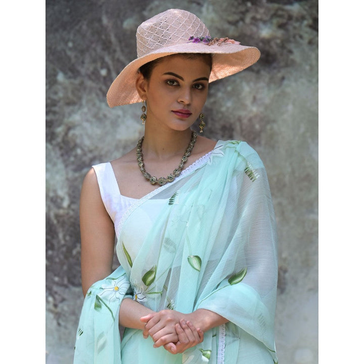 Odette Odett Sea Green Printed Chiffon Saree with Unstitched Blouse for Women