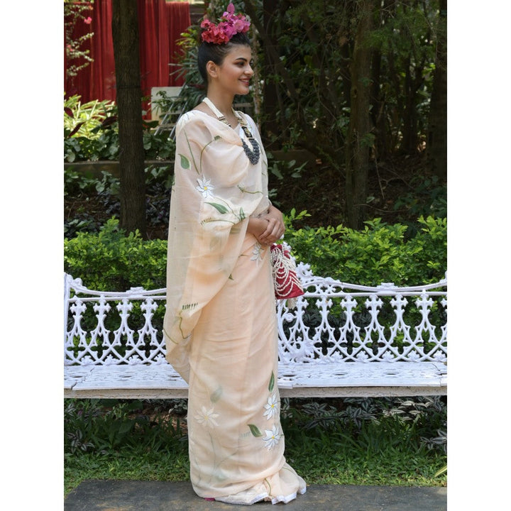 Odette Odett Peach Printed Chiffon Saree with Unstitched Blouse for Women